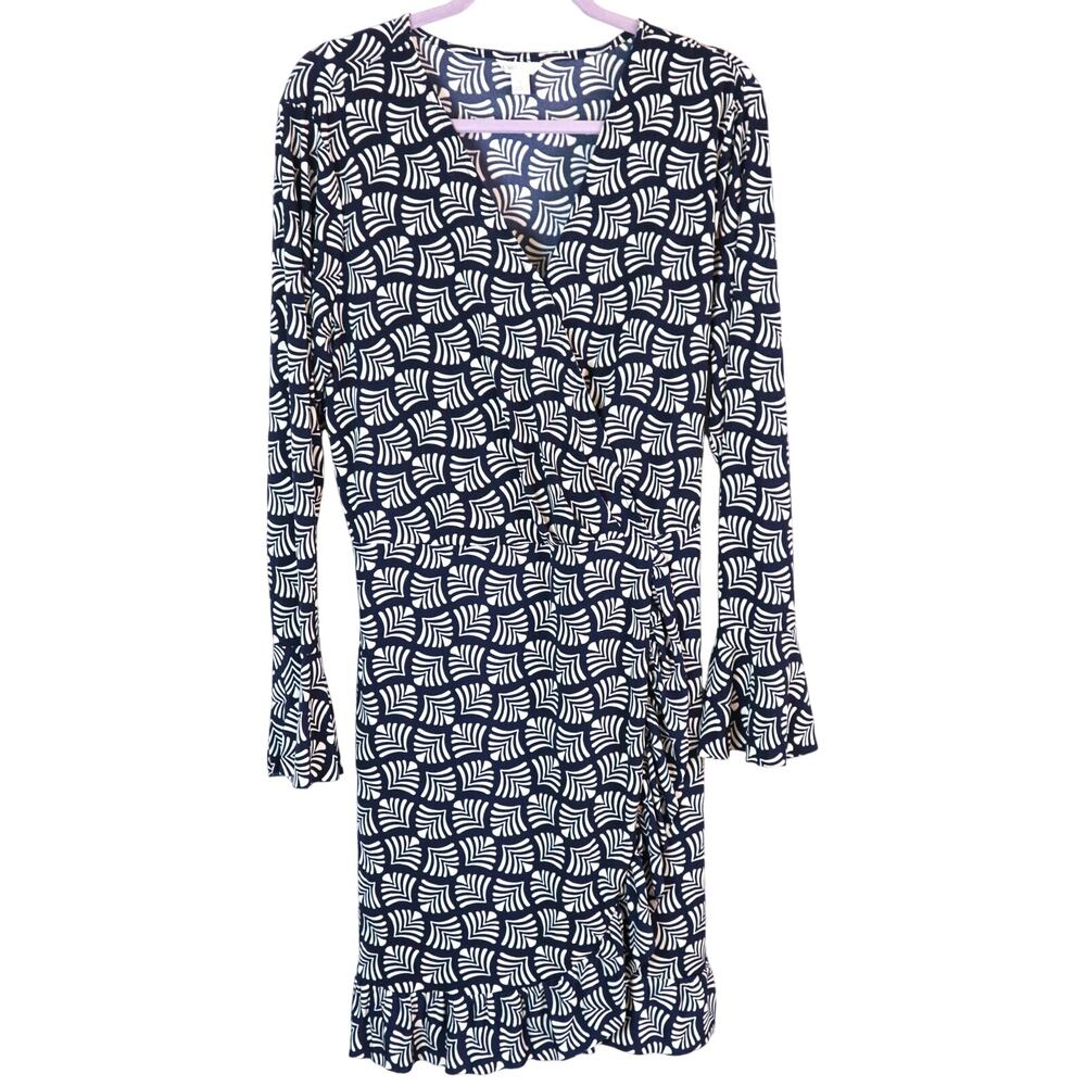 Cato Navy Blue Cream Wrap Dress Ruffle Bell Sleeve Womens XL Corporate Work boho